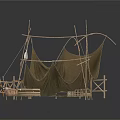 Ancient Simple Tent Structure With Wooden Frames Cloth Canopy And Baskets Boxes 3d model