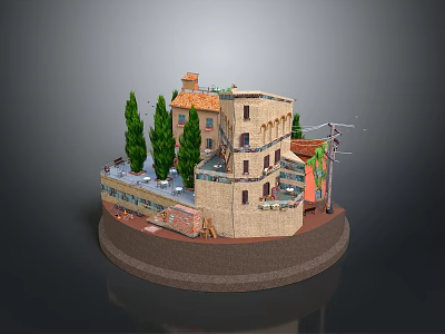 Miniature Building Model With Stone Walls Red Roof Terrace Cypress Trees And Circular Base 3d model