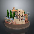 Miniature Building Model With Stone Walls Red Roof Terrace Cypress Trees And Circular Base