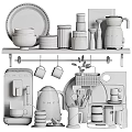 Stylish Kitchen Ornamental Decor Set With Coffee Machine Mugs Jars Wooden Shelf And Metal Utensils