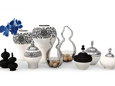 Ornament Decoration Set With Ceramic Metal Vases Patterned Design Blue Flower Accents 3d model