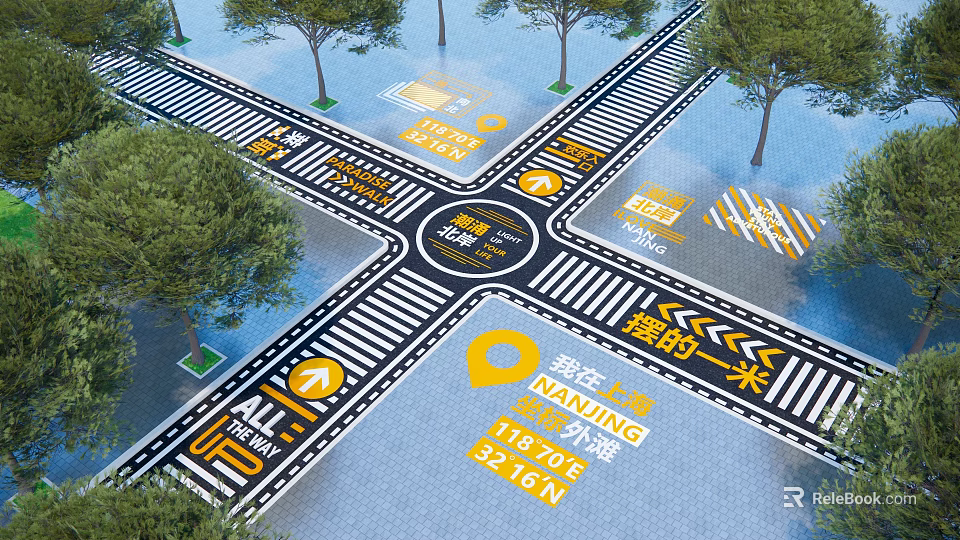 Municipal Road Crossroads With Traffic Signs Directional Arrows And Trees 3d model 