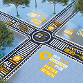 Municipal Road Crossroads With Traffic Signs Directional Arrows And Trees
