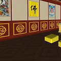 Traditional Buddhist Shrine Cabinet with Golden Buddha Statue Red Background and Wooden Flooring