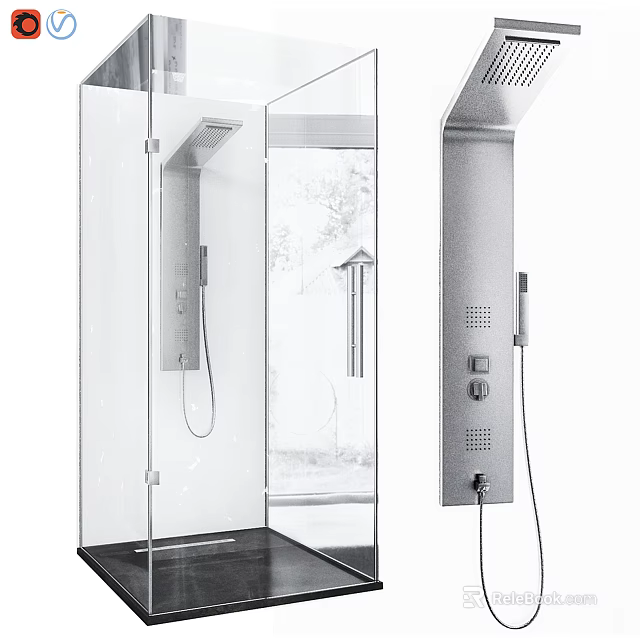 Modern Bathroom Suite With Glass Partition Shower Panel And Control Knobs 3d model 