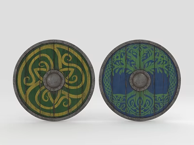 Circular Decorative Viking Shields Featuring Green Yellow Spiral And Blue Tree Patterns With Metal Centers 3d model