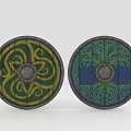Circular Decorative Viking Shields Featuring Green Yellow Spiral And Blue Tree Patterns With Metal Centers