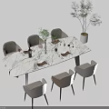 Modern Rectangular Dining Table Set With Marble Top Six Chairs Tableware And Decorative Plant 3d model