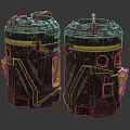 Two Aged Mechanical Devices With Worn Metal Structure Yellow Stripes And Green Details