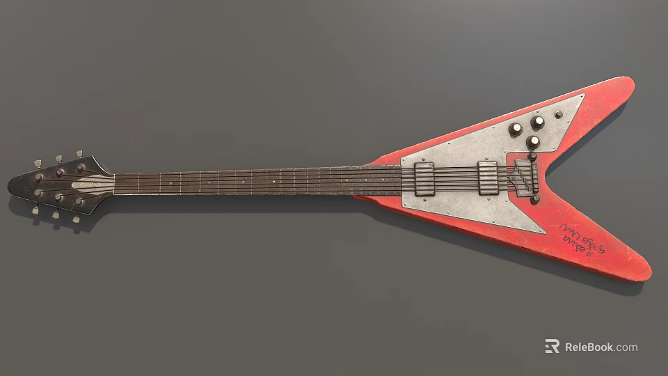 Triangle Shaped Red And Silver Electric Guitar Musical Instrument With Knobs And Strings 3d model 