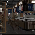 Traditional Japanese Restaurant Interior With Wooden Bar Counter And High Stools