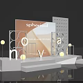 Modern White Stage With Geometric Frames NOVA Letters Circular Lights And Orange Backdrop 3d model