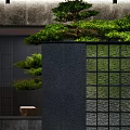 Modern Storefront Facade With Stone Wall Green Plants Grid Design And Lighting 3d model