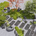 Japanese Courtyard Garden With Stone Stepping Path Moss Covered Rocks And Lush Green Plants