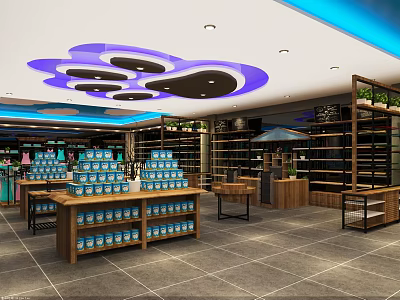Colorful Modern Store Interior With Shelves Display Products And Decorative Ceiling 3d model