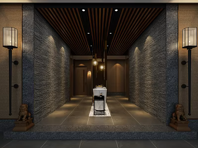 Modern Chinese Style Public Restroom With Stone Walls Lantern Lights And Lion Statues 3d model