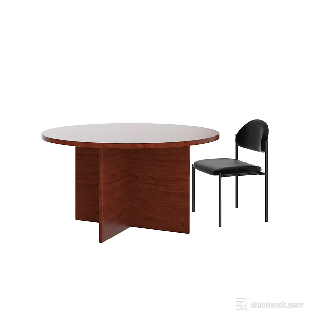 Round Wooden Table With Unique Base And Black Upholstered Chair Set 3d model 