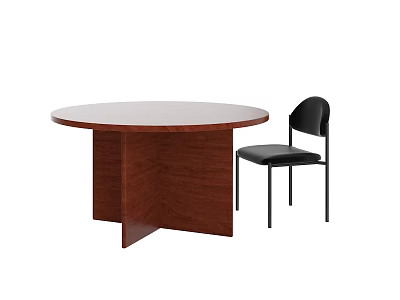 Round Wooden Table With Unique Base And Black Upholstered Chair Set 3d model