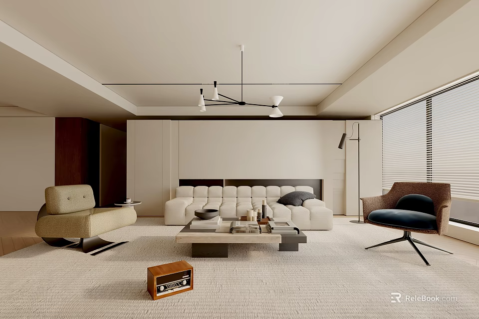 Modern Living Room Interior With Sofa Armchair Coffee Table Rug And Pendant Light 3d model 