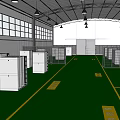 Industrial Workshop Interior With Green Floor Yellow Lines White Partitions Hanging Lights And Glass Windows