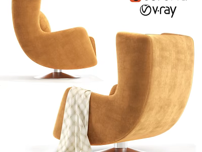 Modern Orange Curved Accent Chair with Metal Base and White Knitted Blanket 3d model