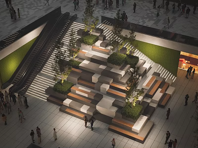 Modern Plaza Landscape With Geometric Seating Green Plants And Pedestrian Activity 3d model