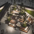 Modern Plaza Landscape With Geometric Seating Green Plants And Pedestrian Activity