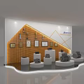Showroom Exhibition With Golden Geometric Background Wall Medals Certificates White Stands And Black Products