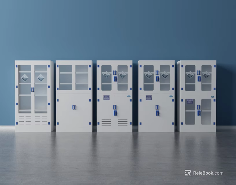 White Multi Door Lockers With Glass Panels On Blue Background Interior 3d model 