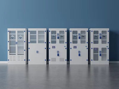 White Multi Door Lockers With Glass Panels On Blue Background Interior 3d model