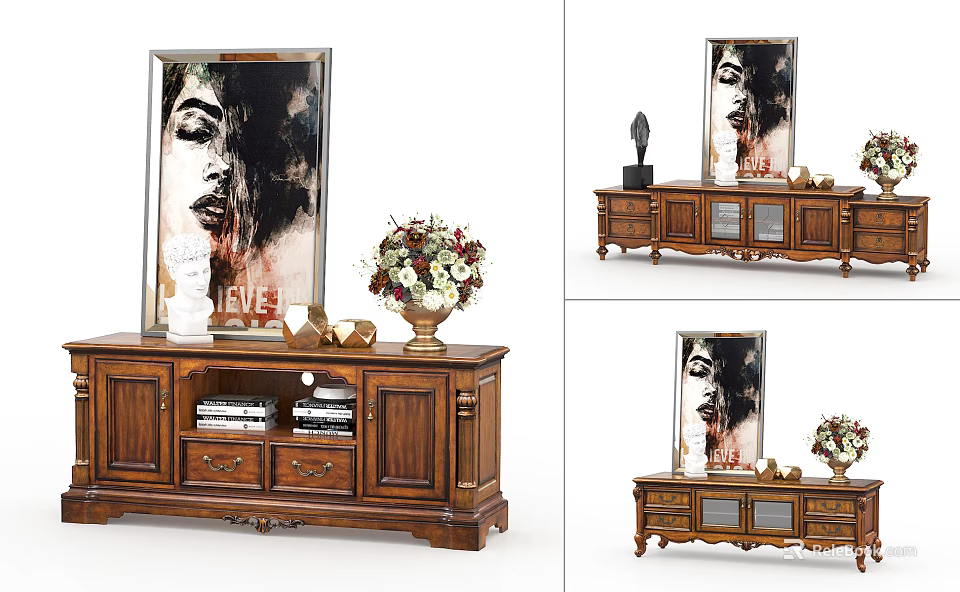 Classic Wooden TV Stand Featuring Portrait Painting Flower Vase Decorative Drawers And Cabinets 3d model 