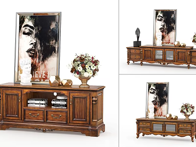Classic Wooden TV Stand Featuring Portrait Painting Flower Vase Decorative Drawers And Cabinets 3d model