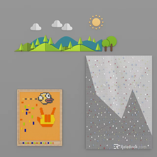 Wall Decor With Cartoon Character Colorful Squares And Gray Mountain Pattern White Spots 3d model 