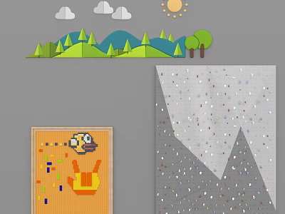 Wall Decor With Cartoon Character Colorful Squares And Gray Mountain Pattern White Spots 3d model