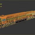 Orange Model Train With Green Trim And Black Wheels On Gray Reflective Surface
