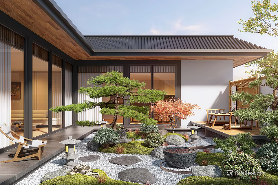 Japanese Zen Courtyard Garden featuring Pine Tree Red Maple Stones Moss and Wooden Deck 3d model 