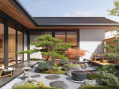 Japanese Zen Courtyard Garden featuring Pine Tree Red Maple Stones Moss and Wooden Deck 3d model