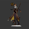 Vibrant Robed Game Movie Character Holding Golden Orb with Flowing Cape Standing on White Base