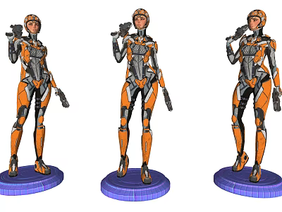 Electric Toy Female Robot Models Standing On Purple Bases With Orange Gray Armor And Poses 3d model