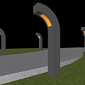 Outdoor Lights with Curved Black Posts Illuminated Tops Along Stone Path and Green Grass