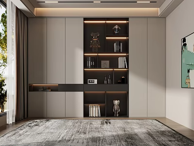 Modern Built in Bookcase With Gray White Cabinets Lighting Books And Decorative Items 3d model