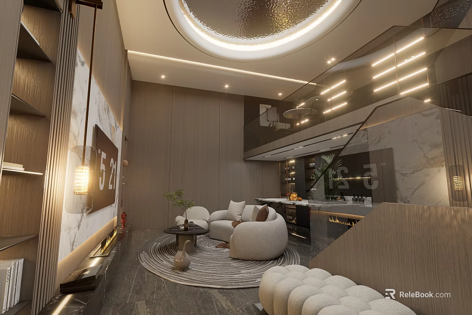 Elegant Modern Basement Interior With Curved Sofa Round Rug And Wooden Staircase 3d model 