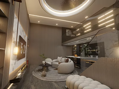 Elegant Modern Basement Interior With Curved Sofa Round Rug And Wooden Staircase 3d model