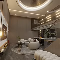Elegant Modern Basement Interior With Curved Sofa Round Rug And Wooden Staircase