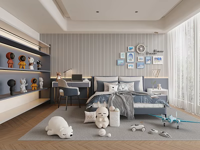 Modern Kids Room Interior With Bed Desk Stuffed Toys Bookshelf And Airplane Model 3d model