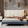 Modern Double Bed With Leather Headboard Gray Frame Stone Wall Nightstand And Green Plant