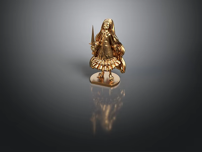 Elegant Detailed Golden Character Statue Holding Weapon Standing On Reflective Platform 3d model
