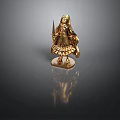 Elegant Detailed Golden Character Statue Holding Weapon Standing On Reflective Platform