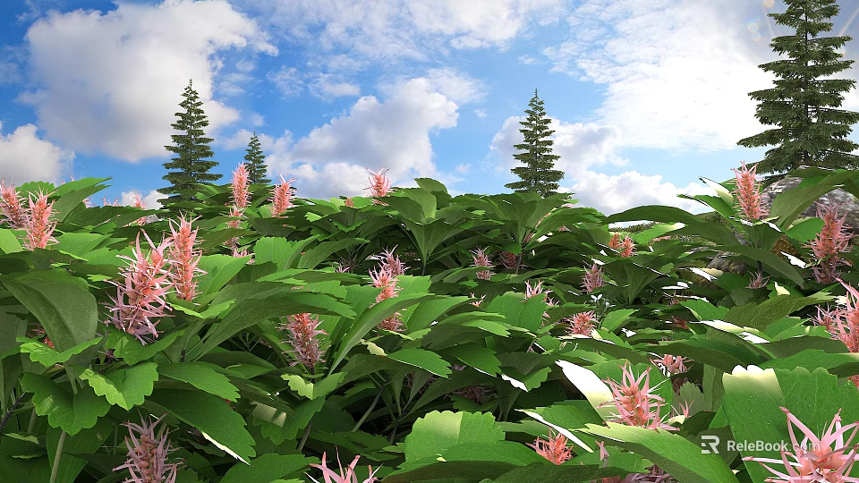 Lush Green Leaves and Pink Flowers with Blue Sky White Clouds and Pine Trees 3d model 