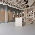 Modern Interior Showroom With Wooden Display Panels Reception Counter And Wavy Ceiling Design